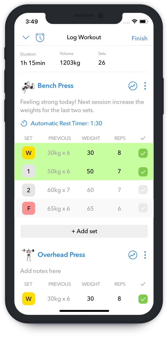 Hevy app screenshot workout green sets completed bench press