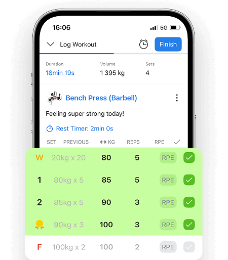 logging sets during a live workout in Hevy app