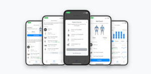 Hevy trainer screenshots displaying some of the functions, including replacing exercises, logging workouts, and tracking consistency