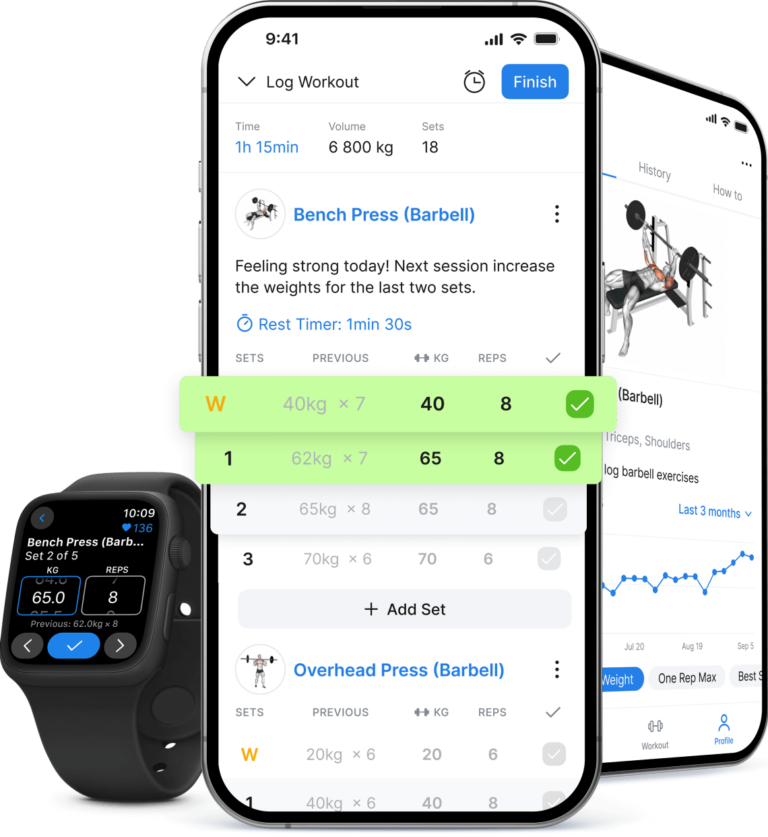 hevy app displayed on smartphone and smartwatch
