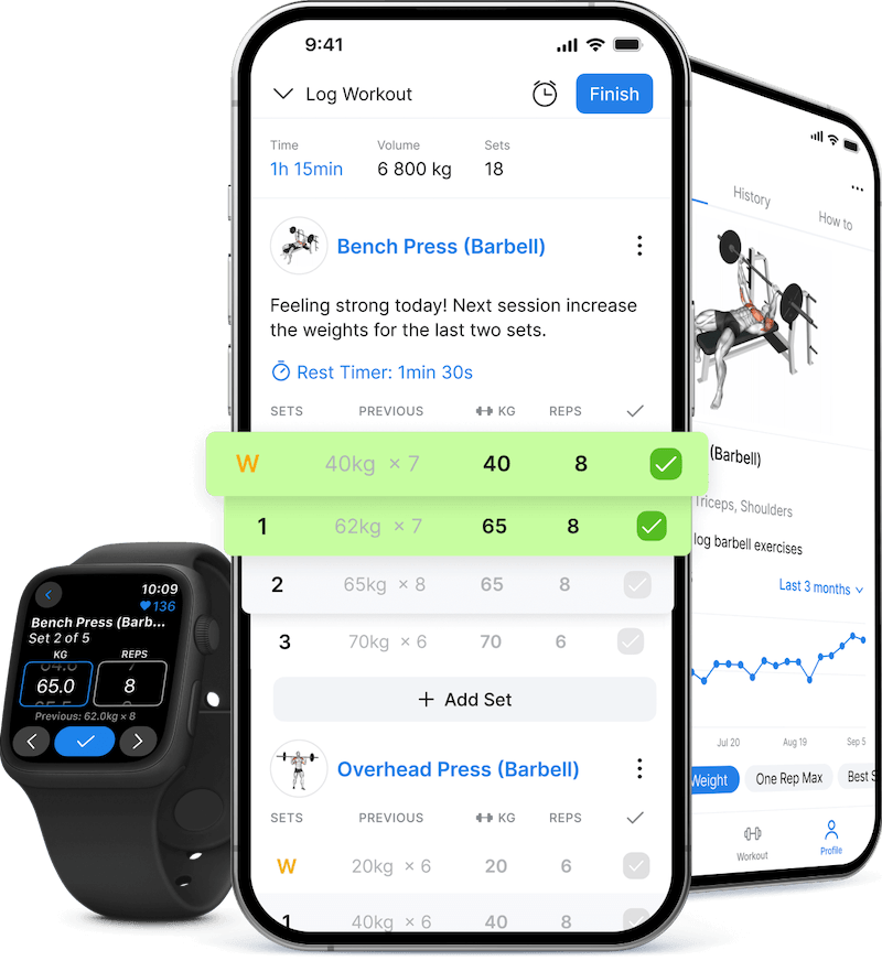 hevy app displayed on smartphone and smartwatch