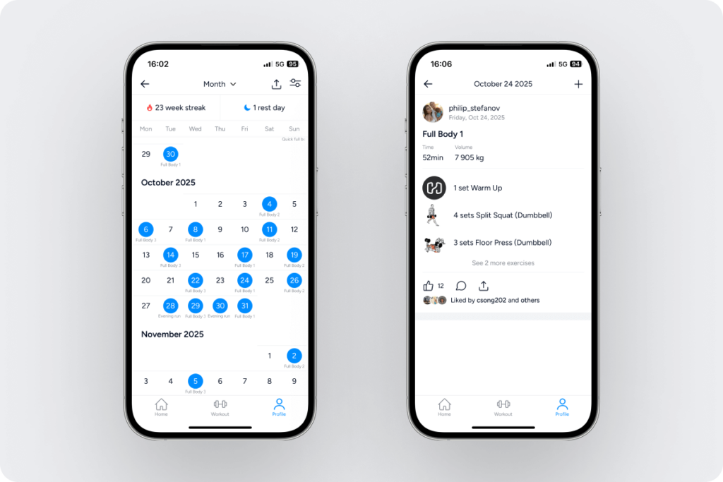 an overview of the option for users to tap on any date with a workout to instantly access that session and see its details in Hevy