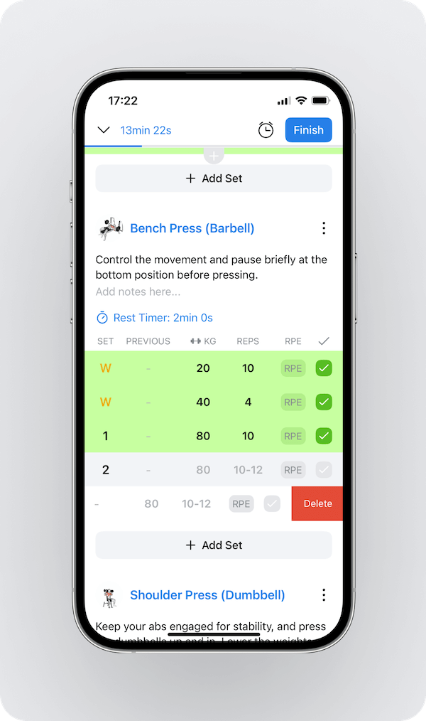a look at multiple completed sets for an exercise, along with options to add and remove sets