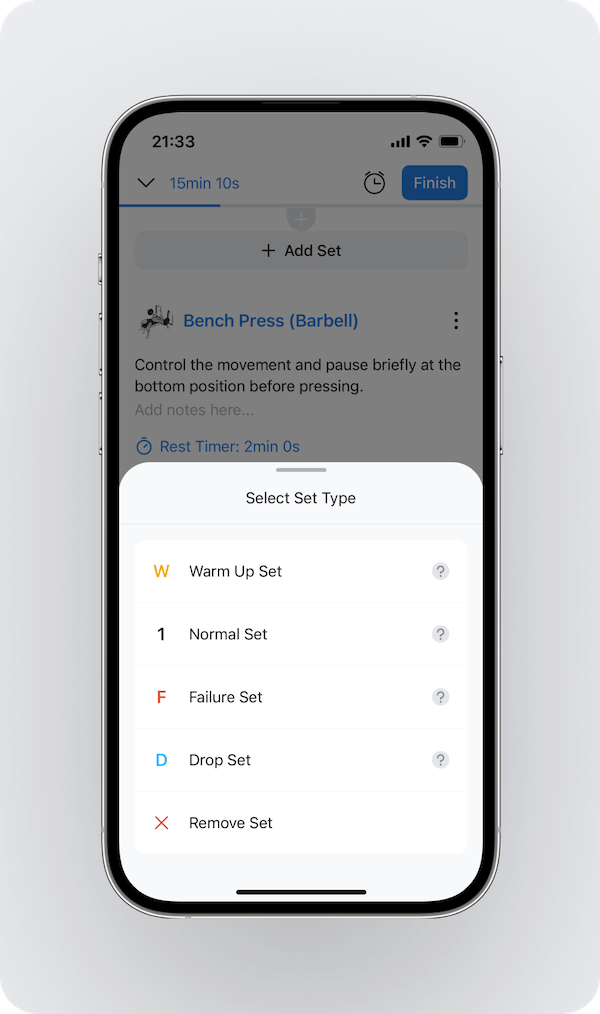 a look at the menu where users can change the type of any set added to a workout in Hevy