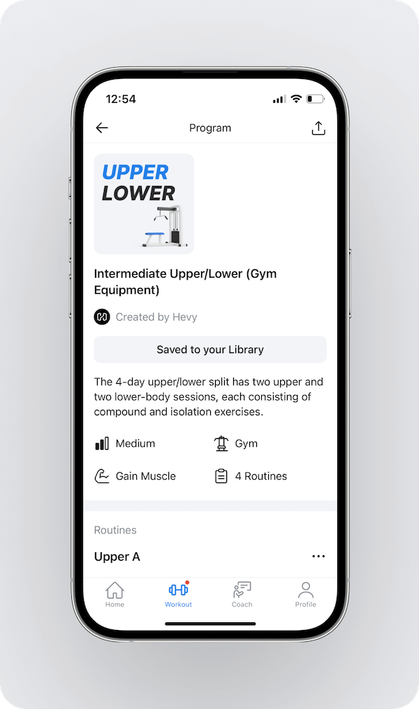 an image showing the details of a single workout program in the Hevy library