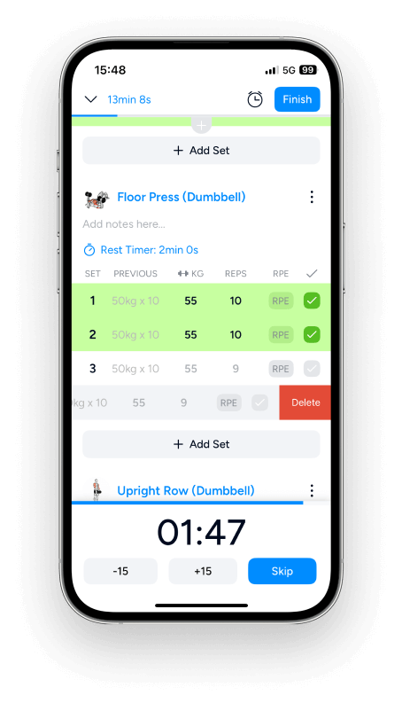 a look at multiple completed sets for an exercise, along with options to add and remove sets