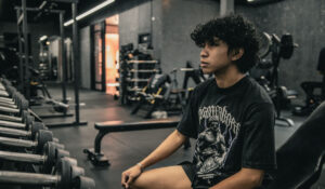 a young man sitting on a gym bench in front of a dumbbell rack and looking forward
