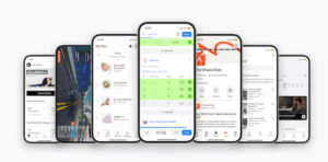 7 of the best workout tracker apps positioned side by side on phone screens with Hevy in the middle