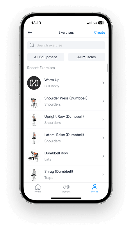 an overview of the Hevy app exercise library with the search bar and filters