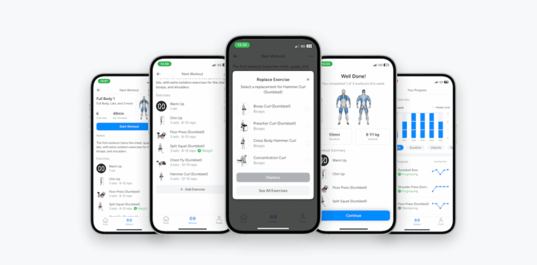 Hevy trainer screenshots displaying some of the functions, including replacing exercises, logging workouts, and tracking consistency