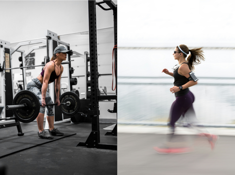 two images side by side, one showing a woman performing a barbell deadlift in a gym setting, the other showing a woman running outdoors