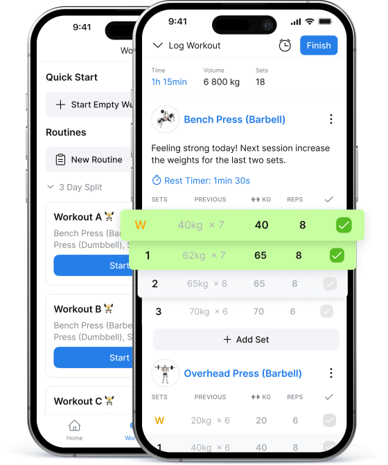 Hevy app on two smartphone screens