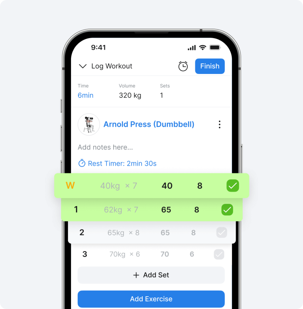 Marking workout sets as complete in Hevy app