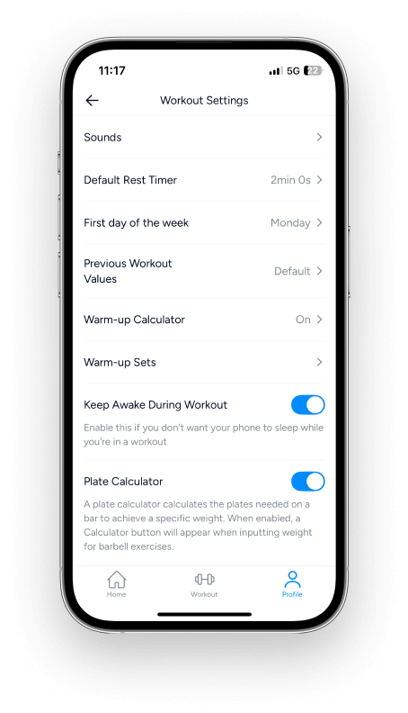 a look at some available Hevy workout settings, including keeping the phone awake during training, smart superset scrolling, and live PR notifications