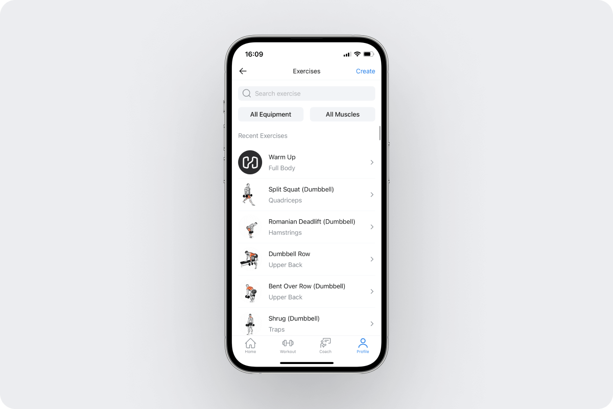 a look at Hevy's exercise library with the search bar and filters at the top