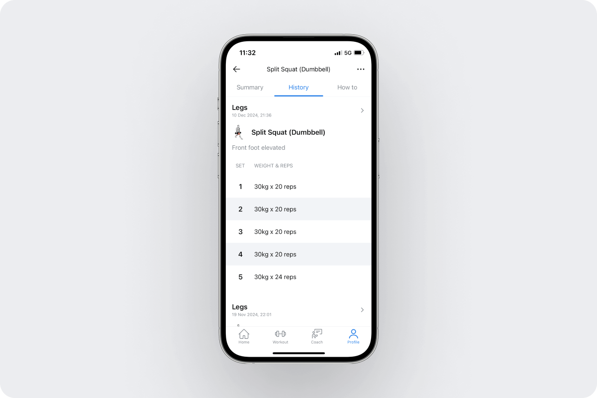 an overview of a single exercise performance from workout to workout, displayed in the History tab of Hevy