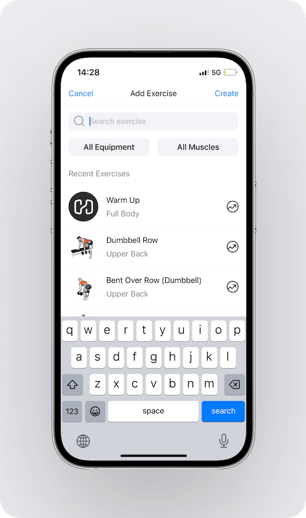 an overview of the Hevy app exercise library with the search bar and filters