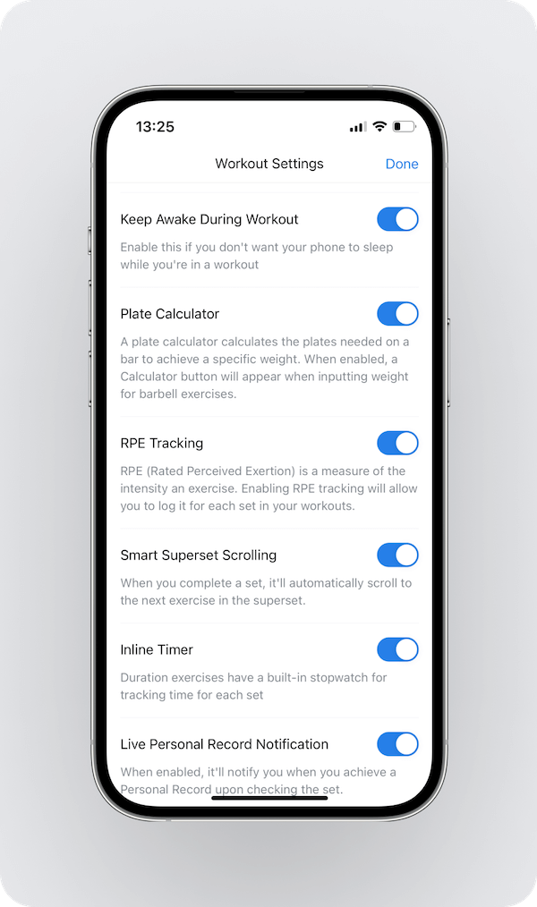 a look at some available Hevy workout settings, including keeping the phone awake during training, smart superset scrolling, and live PR notifications