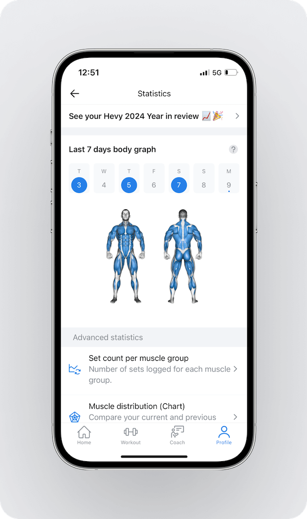 a look at the statistics section in Hevy along with workout consistency and the advanced options displayed below
