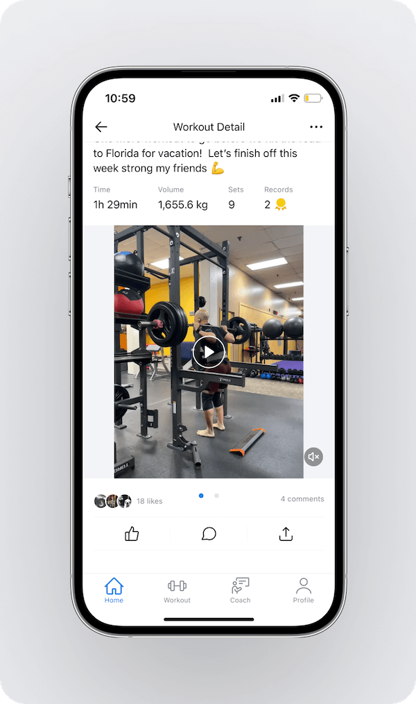 an overview of a Hevy user's workout with details, a description, and options to like and comment on it