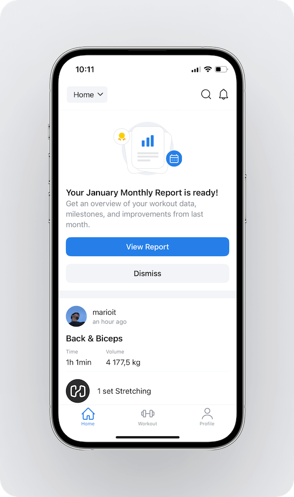 overview of the monthly report feature in the Hevy app