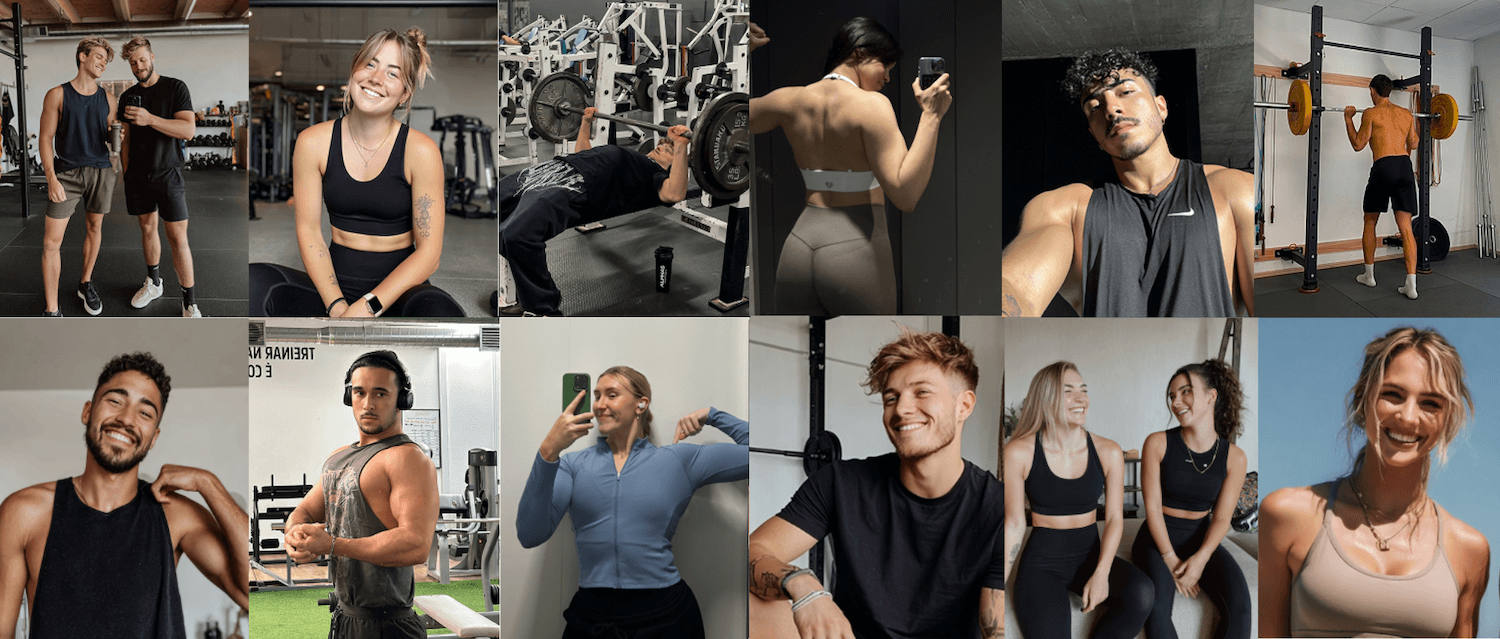 multiple photos of fit people in various gym settings, lifting weight and posing