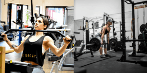 two side by side images of women performing different exercises at the gym: a lat pulldown on the left and a deadlift on the right