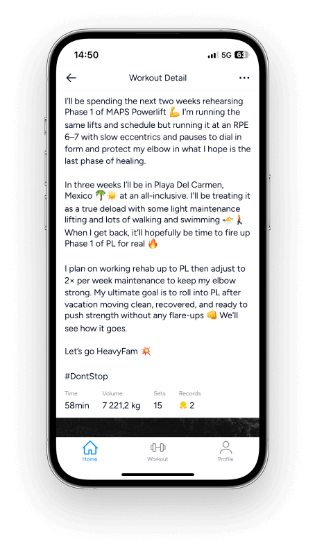 a Hevy app user's workout description and stats