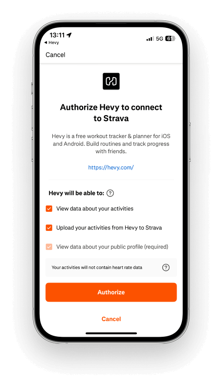 section where Hevy users must tap a button to confirm the Strava integration