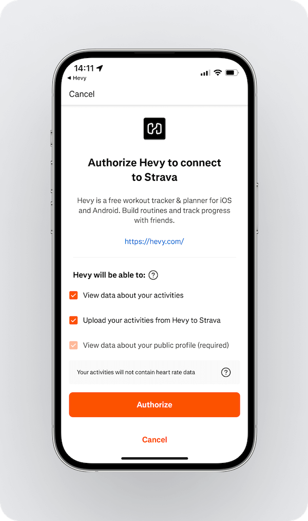 section where Hevy users must tap a button to confirm the Strava integration